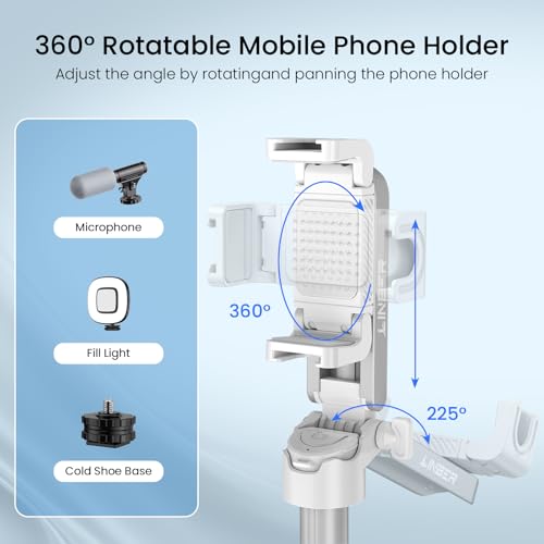 Selfie Stick Tripod with Fill Light & Bluetooth Remote | 3-in-1 portable selfie stick, tripod stand & fill light. Bluetooth remote, 360° rotation. Compact foldable design for travel - color: White, style: Lighted model