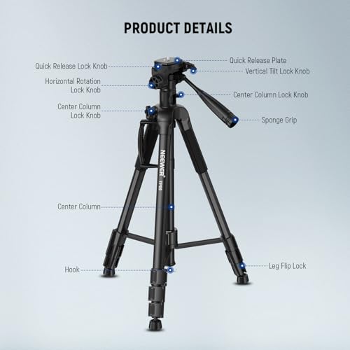 NEEWER Basic 74" Video Tripod Monopod, 3 Way Pan Tilt Head, Remote, Overhead Camera Mount, Horizontal Central Axis, Phone Holder Compatible with iPhone DSLR Telescope Projector, Max Load 17.6lb, TP05 - style: TP05