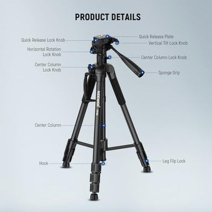 NEEWER Basic 74" Video Tripod Monopod, 3 Way Pan Tilt Head, Remote, Overhead Camera Mount, Horizontal Central Axis, Phone Holder Compatible with iPhone DSLR Telescope Projector, Max Load 17.6lb, TP05 - style: TP05