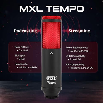 MXL TEMPO-KR Mac and PC Compatible USB 2.0 Powered Condenser Microphone - Black/Red - color: Black and red, style: MXL TEMPO KR