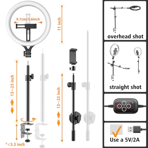 Ring Light with Stand and Phone Holder, Overhead Phone Mount, Phone Stand for Recording, 11” Circle LED Ring Light for Desk with Clamp for Live Streaming, Video Recording, Meeting, TikTok, YouTube