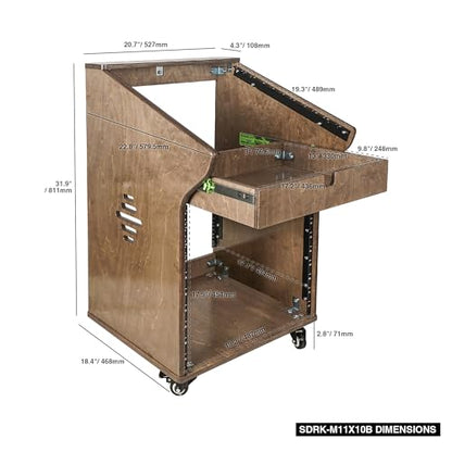 Sound Town DIY Solid Baltic Birch Plywood Studio Rack with 11U Slant Mixer Top, 10U Front, 2U Drawer, Rubber Feet, Casters, Weathered Brown (SDRK-M11X10B) - size: 10U,Weathered Brown