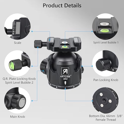 52mm Low Profile Ball Head Tripod Mount Ball Head ARTCISE All Metal CNC Machining with Two 1/4" Quick Release Plates for Tripod, Monopod, DSLR, Camcorder，Max Load 66lbs /30kg（All Black）