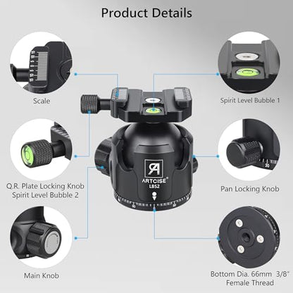 52mm Low Profile Ball Head Tripod Mount Ball Head ARTCISE All Metal CNC Machining with Two 1/4" Quick Release Plates for Tripod, Monopod, DSLR, Camcorder，Max Load 66lbs /30kg（All Black）