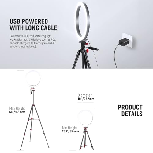 NEEWER Basics 10" Selfie Ring Light with Tripod Stand/2 Phone Holders Compatible with iPhone/QR Plate, Dimmable LED Ringlight Lighting for YouTube TikTok Vlog Video Recording Makeup Streaming, RP10-H