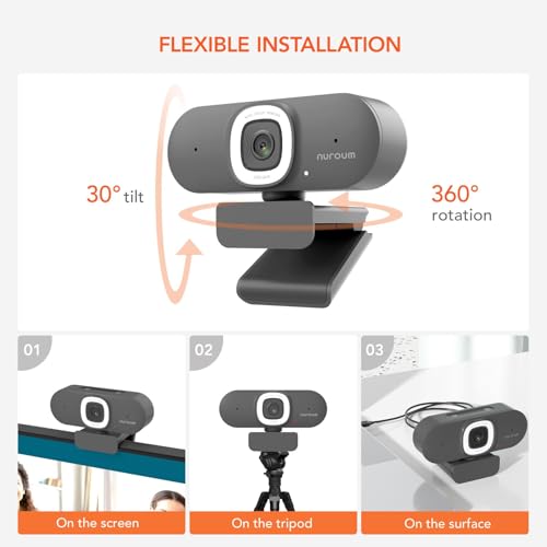 NUROUM V15AFL 2K Webcam with Ring Light for Streaming, Autofocus Webcam for PC w/Noise Cancelling Dual Mics, 1080P 60fps, 75° FOV&Lightweight, USB Web Camera Plug&Play for Zoom/Teams/OBS/Xsplit, Grey