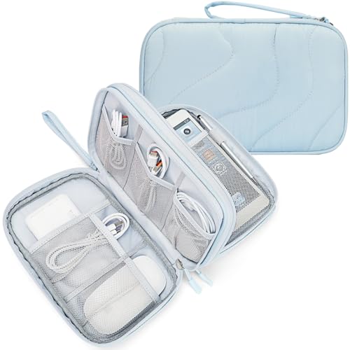 Skycase Tech Pouch - Lightweight Electronics Organizer Travel Case - Double Layers Cable Organizer - All-in-One Storage Bag for Charger, Cord, Phone, Flash Drive, Essentials - XL - color: Wavy Pattern-Light Blue, size: XL