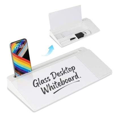 Glass Desktop Whiteboard with Wireless Charger & Storage, Desk Dry Erase Note Memo Board, Compact Desk Organizer for Desk, Home, Study, Office, Back to School Supplies, White, 2026 - color: White Wireless Charger