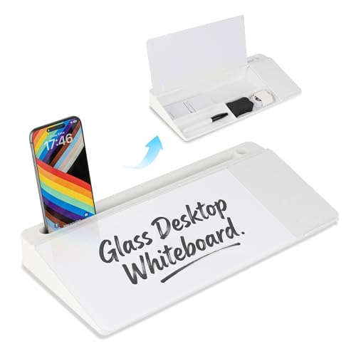 Glass Desktop Whiteboard with Wireless Charger & Storage, Desk Dry Erase Note Memo Board, Compact Desk Organizer for Desk, Home, Study, Office, Back to School Supplies, White, 2026 - color: White Wireless Charger