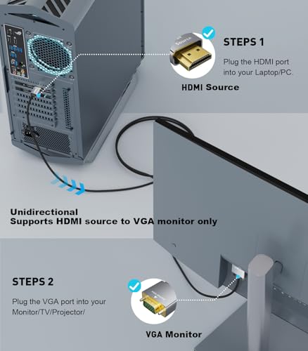HDMI to VGA Adapter Cable 6FT [Metal Case, Nylon Cable] 1080P@60Hz HDMI Male to VGA Male Uni-Directional Braided Cord for Computer, Laptop, Monitor, Roku, Xbox, Graphics Card More - size: 6FT