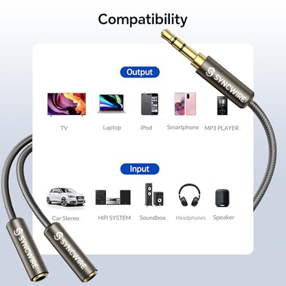 SYNCWIRE Headphone Splitter, Nylon-Braided 3.5mm Extension Cable Audio Stereo Y Splitter (Hi-Fi Sound), 3.5mm Male to 2 Ports Female Headset Splitter for 3.5mm Aux Device (No Mic) - Gold Brown - color: Gold Brown