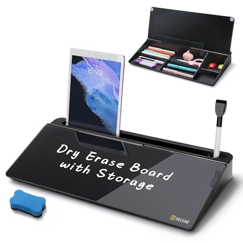 SELEAD Desktop Glass Whiteboard with Organizer, Markers, Eraser - Dry Erase Board Computer Pad Keyboard Stand with Drawer and Holder for Home, School, Office - Black - color: Black Basic