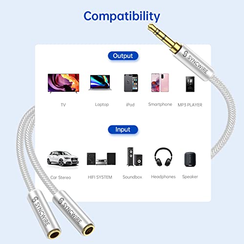 SYNCWIRE Headphone Splitter, Nylon-Braided 3.5mm Extension Cable Audio Stereo Y Splitter (Hi-Fi Sound), 3.5mm Male to 2 Ports 3.5mm Female Headset Splitter for Apple, Samsung & More (No Mic) - Silver - color: Silver