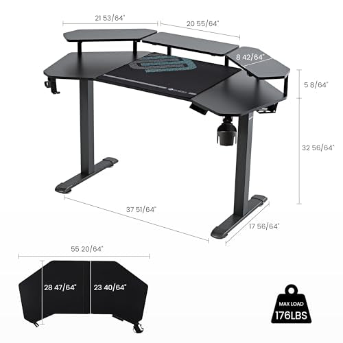 EUREKA ERGONOMIC Aero 55 Inch W Shaped Electric Standing Desk, Height Adjustable Computer Gaming Desk with LED Monitor Shelf, Mouse Pad, Headphone Hook, Cup Holder, Carbon Black - color: Black, size: 55"W x 35"H-Adjustable