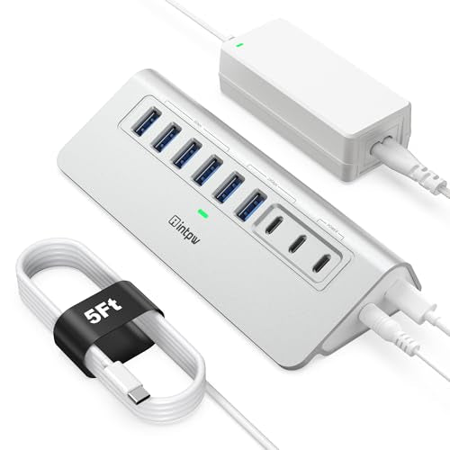 Powered USB Hub 10Gbps, intpw YH6AC 9-Port USB 3.2 /USB C Hub with USB A/USB C 3.2, 4 USB 3.0, 2 PD 45W Charging Port, 65W Power Adapter + 5FT Cable, Aluminum USB Hub for PC, iPhone 17/16/15/Laptop - color: Silver, size: 9 Port + 5FT