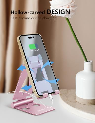 Aoviho Foldable Cell Phone Stand for Desk, Adjustable Phone Holder for Office, Video Calls and Streaming, Portable Desktop Phone Dock Compatible with iPhone 17 16 15 14, Samsung Galaxy, Pink - color: Pink