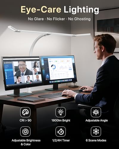 ONEMIX 42" LED Desk Lamp with Clamp, Architect Desk Light with Remote, Adjustable 4-Segment Bar, 1800LM Bright, Eye-Caring Desk Lamp for Home Office, Reading, Study, Dual Monitors, Workbench (White) - color: White