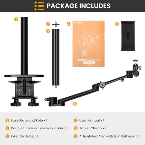 TARION Camera Arm Desk Mount: Heavy Duty DSLR Desktop Mount Camera Stand with Tablet Holder Double C Clamp 1/4 3/8 Screw Adapter Articulating Arm for Selfie Streaming Videography TitanRig Lite Z - size: Desktop Mount Lite Z