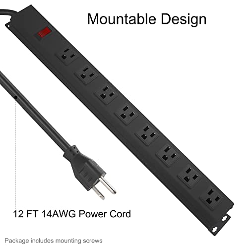 HHOSET Heavy Duty Long 8 Outlets, 14AWG Extension Cord, Black, 12FT, 1 | Metal, Wall Mountable Power Strips with Surge Protection, Switch, Office Under Desk Accessories, Wide Spaced - size: 12ft