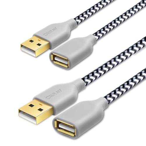 OKRAY White USB Extension Cable, 2-Pack 6FT Nylon Braided USB 2.0 Extension Cable - Type A Male to A Female Extender Cord with Gold-Plated Connector for USB Flash Drive, Keyboard, Printer, Webcam - color: White, size: 6FT