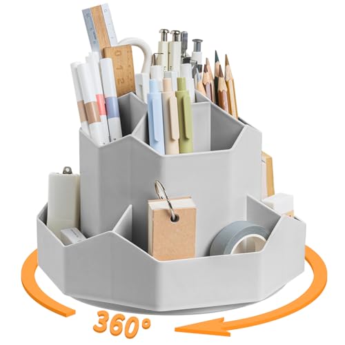 Cayxenful Pencil Pen Holder for Desk,9 Slots 360 Degree Rotating Desk Organizers,Desktop Storage Stationery Supplies Organizer, Cute Pencil Cup Pot For Office, School, Home(Grey) - color: Grey