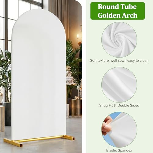 Arch Backdrop Stand with Cover Set, 7.2FT,6.6FT,6FT Gold Metal Wedding Arch for Ceremony, Heavy Duty Balloon Arch Stand with White Spandex Cover for Birthday Party, Baby Shower, Graduation - size: 3-Piece Set