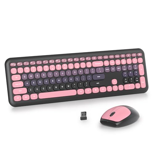 Black Pink Quiet Keyboard and Mouse Wireless, Retro Typewriter 104-Key Fullsize Keyboard Round Keys for Home Office Dorms PC/Laptop/Desktop(Berry Powder) - color: Berry Powder
