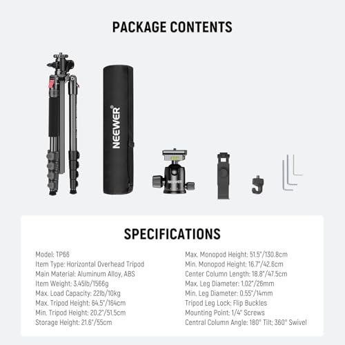 NEEWER Basics 64.5" Horizontal Overhead Tripod with Ball Head/Cell Phone Holder Compatible with iPhone Video Recording, Aluminum Travel Stand Camera Monopod, 360° Pan 180° Tilt 22lb/10kg Load, TP66
