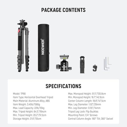 NEEWER Basics 64.5" Horizontal Overhead Tripod with Ball Head/Cell Phone Holder Compatible with iPhone Video Recording, Aluminum Travel Stand Camera Monopod, 360° Pan 180° Tilt 22lb/10kg Load, TP66