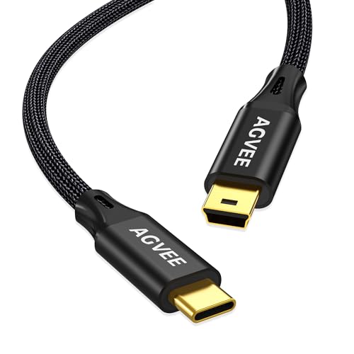 AGVEE 1ft USB-C to Mini USB Cable, Mini-B 5-Pin Data Charger Cord | Gold Plated End Tips, Durable Type-C Sync Transfer for Canon Nikon Camera, Garmin GPS, Blue Yeti, Hero 3+, PS3 Controller - color: Black, size: 1ft