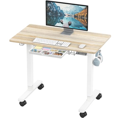 SHW 40-Inch Mobile Electric Height Adjustable Sit to Stand Desk with Drawer, Hanging Hooks and Cable Management, Maple - color: Maple