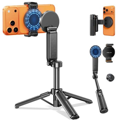 【Extends Up to Max 17"】 Magnetic Phone Tripod & Selfie Stick Tripod for iPhone Android, 4.5" Pocket Travel Stand with Wireless Remote, Detachable Clamp, 360° Rotatable for MagSafe, 4-in-1 Mini Tripod