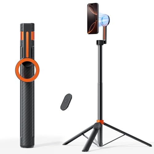 TODI 65" Magnetic Tripod for iPhone with Remote, Selfie Stick for iPhone Magsafe, Cell Phone Tripod Stand for Recording, Travel Tripod Compatible with 16/15/14/13/12 Series - color: Black Orange