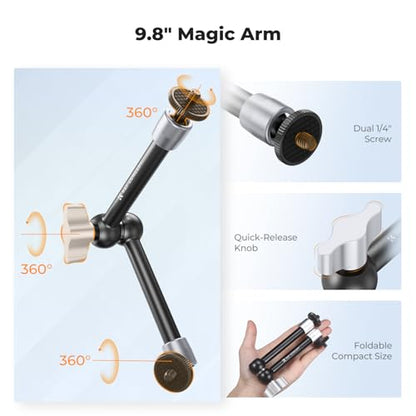 K&F CONCEPT 9.8" Magic Arm Clamp Kit with Dual 360° Ball Heads Camera Arm Mount for Monitor, Flash, LED Light, Microphone, Camera Cage, Action Camera, Sliver - size: 9.8-Inch