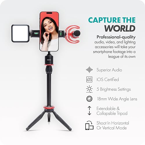 Movo iVlog1 Vlogging Kit - iPhone Lightning Compatible YouTube Starter Kit - Shotgun Microphone, Mini Tripod, LED Light, Wide-Angle Lens, Lightning Adapter
