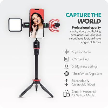 Movo iVlog1 Vlogging Kit - iPhone Lightning Compatible YouTube Starter Kit - Shotgun Microphone, Mini Tripod, LED Light, Wide-Angle Lens, Lightning Adapter