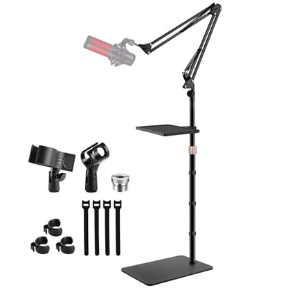BILIONE Microphone Stand Floor with Tray & Boom Arm, 5.5lbs Weighted Base, Height Adjustable Studio/Podcast Mic Stand w/ 3/8'' to 5/8'' Adapter & 2 Mic Clips Compatible with Blue Yeti QuadCast AT2020