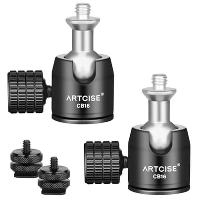 ARTCISE Mini Metal Ball Head (2 Pack) with 1/4" Screw and Removable Hot Shoe Mount, 360 Degree Rotatable Aluminum Tripod Head，Compatible with Cameras, Smartphone/iPad Mounts, Maximum Load 2kg/4.4 lbs