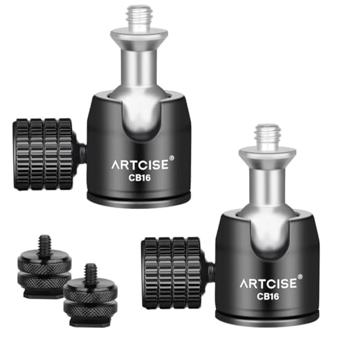 ARTCISE Mini Metal Ball Head (2 Pack) with 1/4" Screw and Removable Hot Shoe Mount, 360 Degree Rotatable Aluminum Tripod Head，Compatible with Cameras, Smartphone/iPad Mounts, Maximum Load 2kg/4.4 lbs