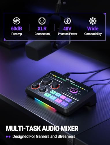 Fifine Gaming Mixer for Voice Chat and Streaming- 7.1ch Surround Sound Headphone Amp-XLR Preamp-USB Plug & Play-Voice Changer-RGB-Volume Control-3 EQ Modes Ampligame SC8