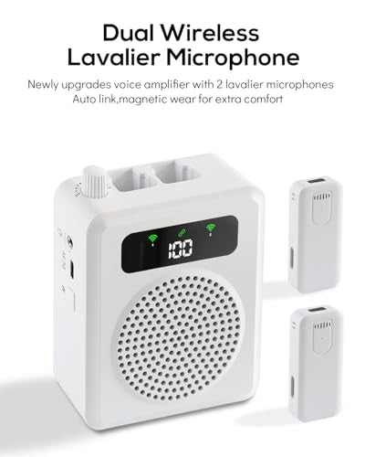 Wireless Voice Amplifier with Lavalier Microphones, Portable Voice Amplifier, Microphone with Speaker, Mini Megaphone with Clip on/Lapel Mic Teacher Microphone for Classroom Speech (White) - color: White
