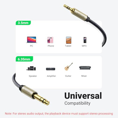 UGREEN 1/8 to 1/4 Stereo Cable 3.5mm TRS to 6.35mm Audio Cable Guitar to Aux Male Cord with Zinc Alloy Housing and Nylon Braid for Guitar, Laptop, Home Theater Devices, Speaker and Amplifiers 10FT - size: 10FT