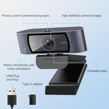 Angetube 1080P Webcam, Computer PC Camera for Laptop with Privacy Cover | 2 Microphone, Plug & Play, USB Type-A & A-to-C Adapter, 78° FOV, Suit for Online Calling, Zoom/Teams/YouTube/Google Meeting