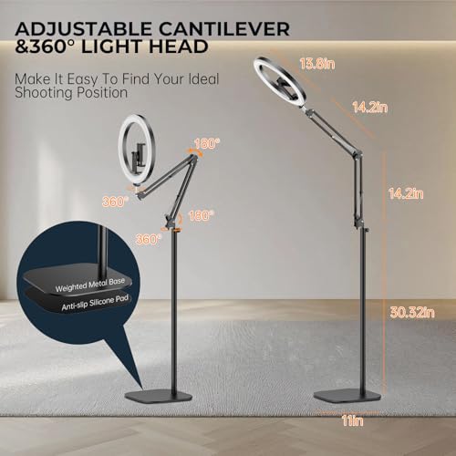 12" Ring Light with Stand Tripod for iPhone, Overhead Phone Camera Mount, Adjustable 72" Height Tripod Holder Floor, Phone Stand for Video Recording Filming Streaming Cooking TikTok YouTube, CRI >95 - size: 12 inches