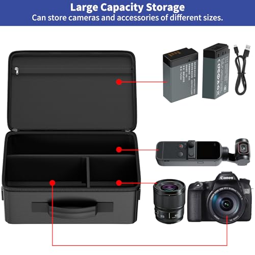 Tamfile Camera Bag for Canon/Sony/Nikon/Mirrorless/DSLR, Black | Compatible with Lens and Tripod, 4 Dividers, Water-Resistant Zipper, Fireproof Portable Travel Hard Case, Shoulder Strap