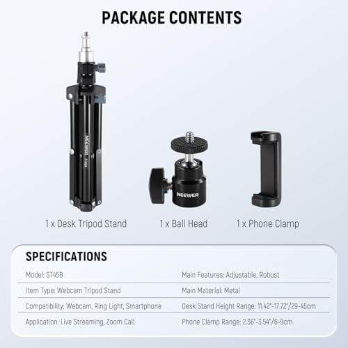 NEEWER Webcam Stand Tripod for Desk, Mini Desktop Tripod with Cell Holder Compatible with Logitech Anker Emeet Webcam Ring Light for Video Recording Live Streaming Zoom Call, Max Load 2.2lb/1kg, ST45B - style: ST45B