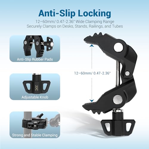Universal Super Clamp Camera Mount, Adjustable Metal Heavy Duty Clamp with 1/4"-20 & 3/8"-16 Threads, 0.47-2.36'' Jaw Grip Desk Clamps for Magic Arm Light Stand Tube Bike Handlebar Stroller Tripod - size: Clamp Only