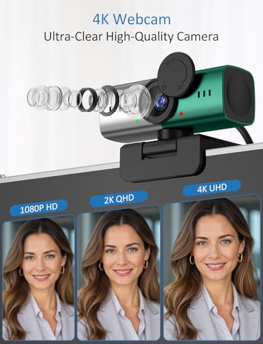 Webcam for PC, 4K Streaming Camera, Web Camera for Desktop/Laptop Computer Webcam with Microphone, Plug and Play USB Web Cam, Aluminum alloy casing, for Live Streaming, Video Calls (Silver green) - color: Silver green