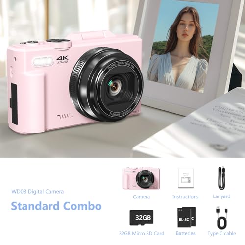 4K Digital Camera for Photography, 64MP Vlogging Camera for YouTube with 3" 180° Flip Screen, 18X Digital Zoom Point and Shoot Camara with 32GB Micro SD Card for Beginner (LP) - color: YL15-W08-C-LP