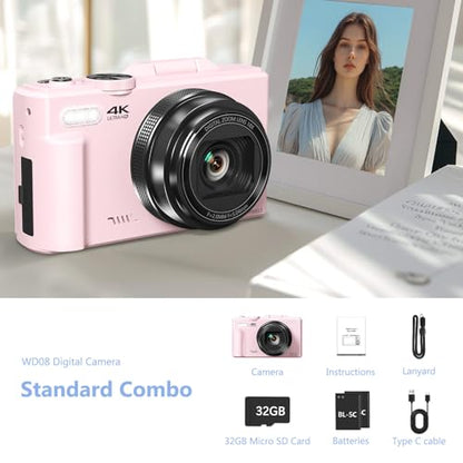 4K Digital Camera for Photography, 64MP Vlogging Camera for YouTube with 3" 180° Flip Screen, 18X Digital Zoom Point and Shoot Camara with 32GB Micro SD Card for Beginner (LP) - color: YL15-W08-C-LP